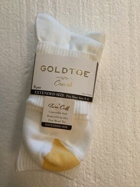 Gold Toe White Crew Socks with Yellow Heel - 6 Pair